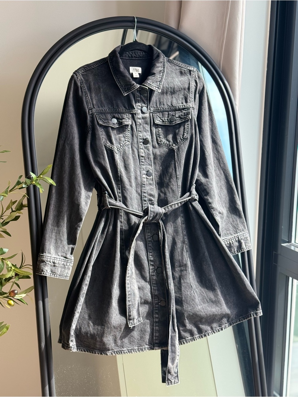 a.n.a Faded Black Denim Shirt Jacket with Tie Waist